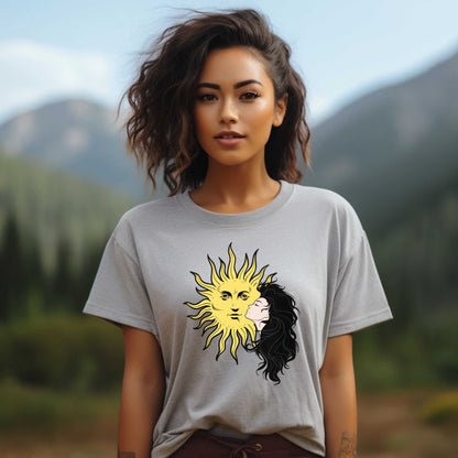 Girl and Sun Graphic Tee for Women, Trendy Casual Wear, Ideal Gift for Her on Any Occasion.