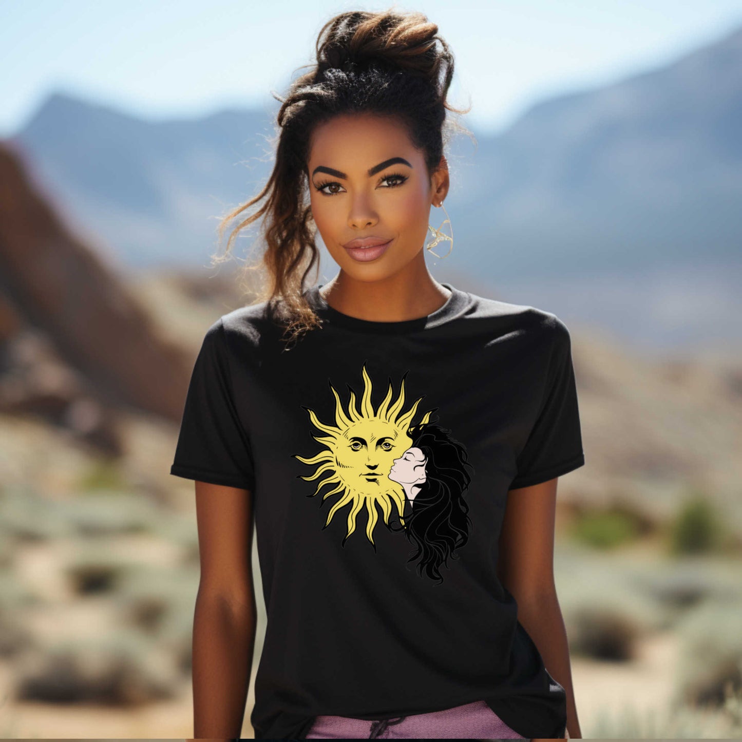 Girl and Sun Graphic Tee for Women, Trendy Casual Wear, Ideal Gift for Her on Any Occasion.