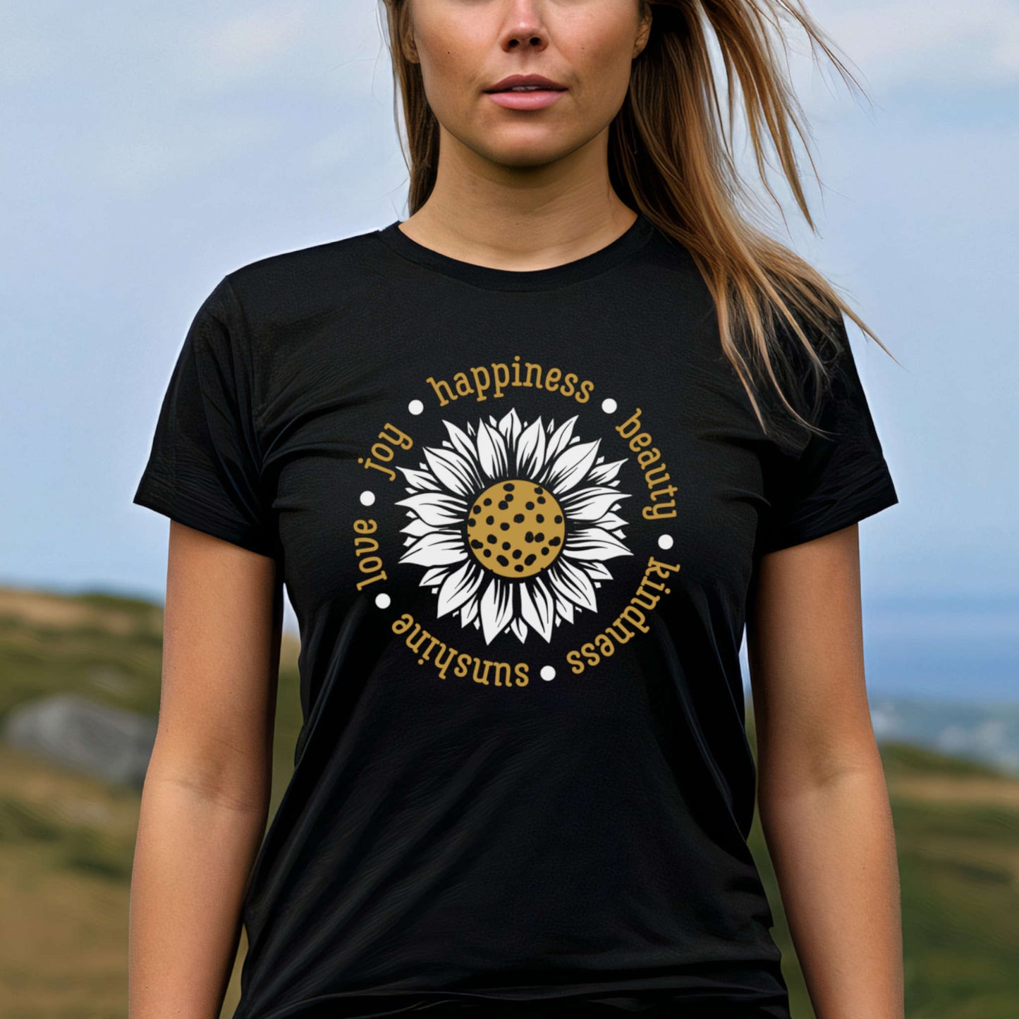 T-shirt with Sunflower. Happiness Beauty Kindness Sunshine Love Joy.