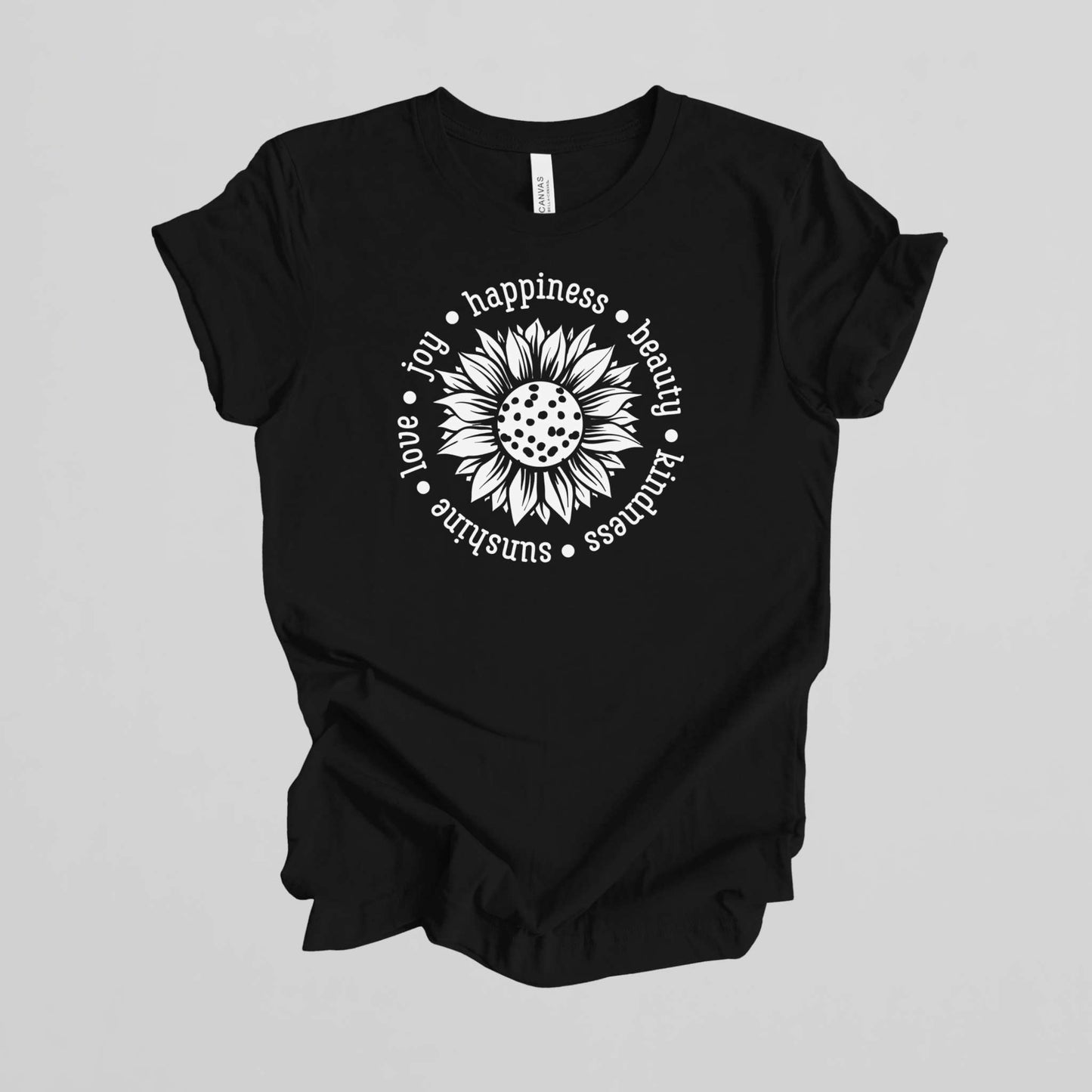 T-shirt with Sunflower. Happiness Beauty Kindness Sunshine Love Joy.