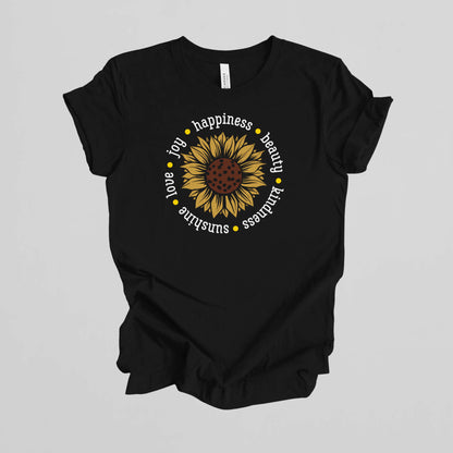 T-shirt with Sunflower. Happiness Beauty Kindness Sunshine Love Joy.