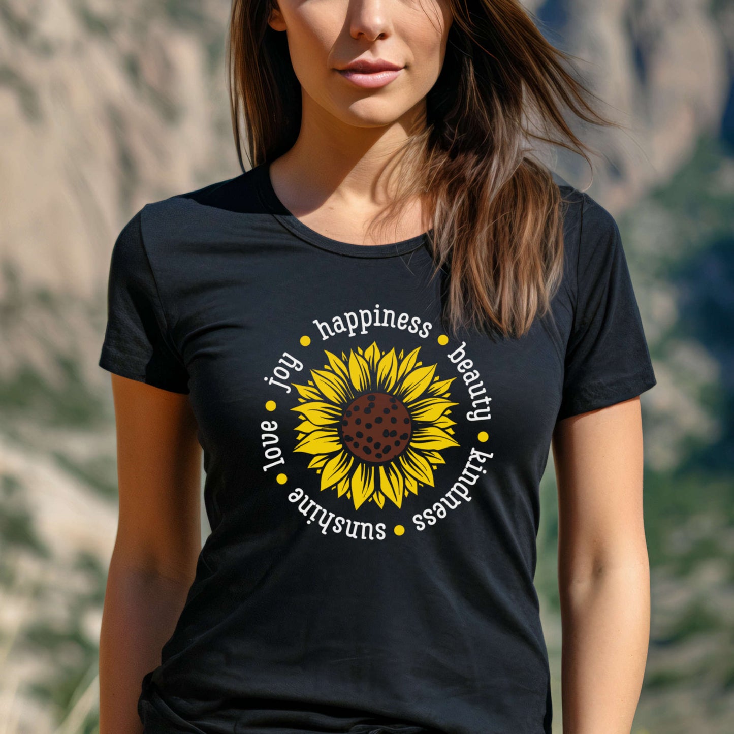 T-shirt with Sunflower. Happiness Beauty Kindness Sunshine Love Joy.