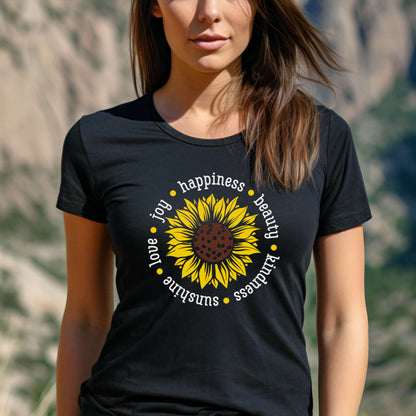 T-shirt with Sunflower. Happiness Beauty Kindness Sunshine Love Joy.