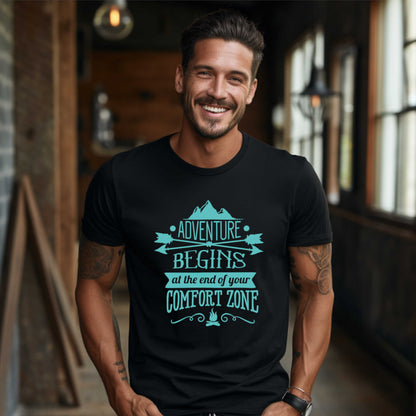 Adventures Camping T-shirt. Adventure Begins at the end of your Confort Zone.