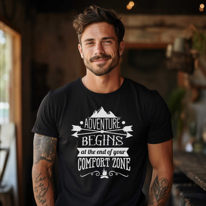 Adventures Camping T-shirt. Adventure Begins at the end of your Confort Zone.