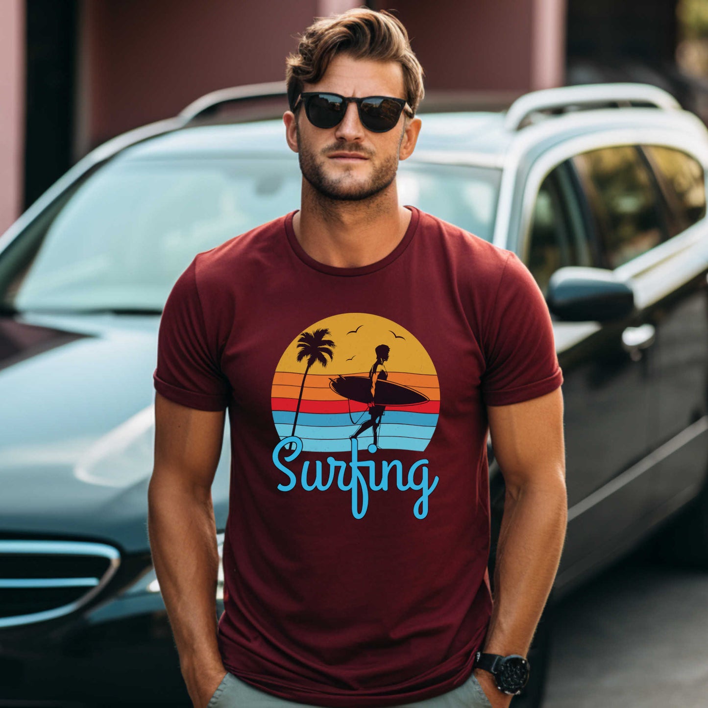 Surfing T-Shirt for Men, Cool Beach Summer Vacation Tee.