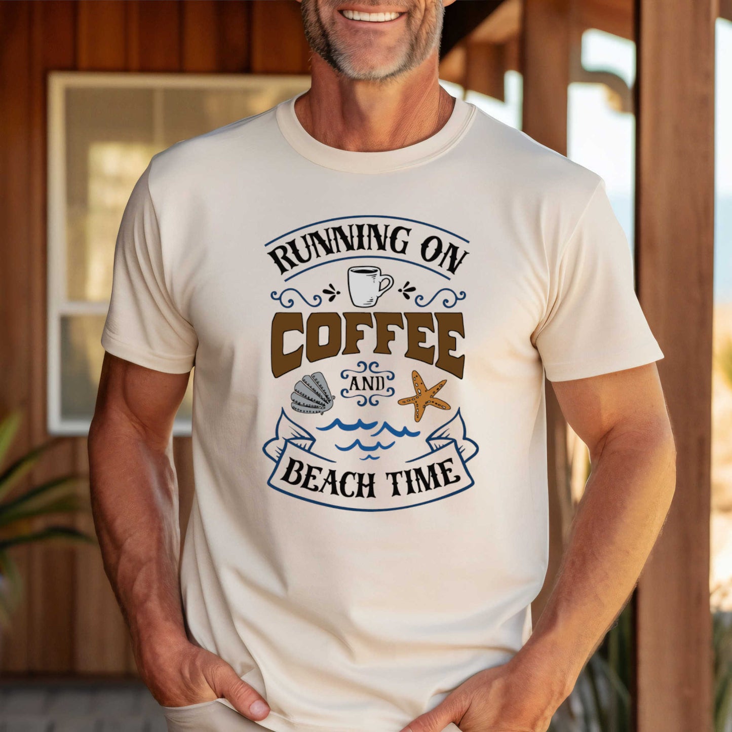 Summer Beach Vacation T-Shirt. Running on Coffee and Beach Time Outdoor Gift Tee. Vacation Gift Top.