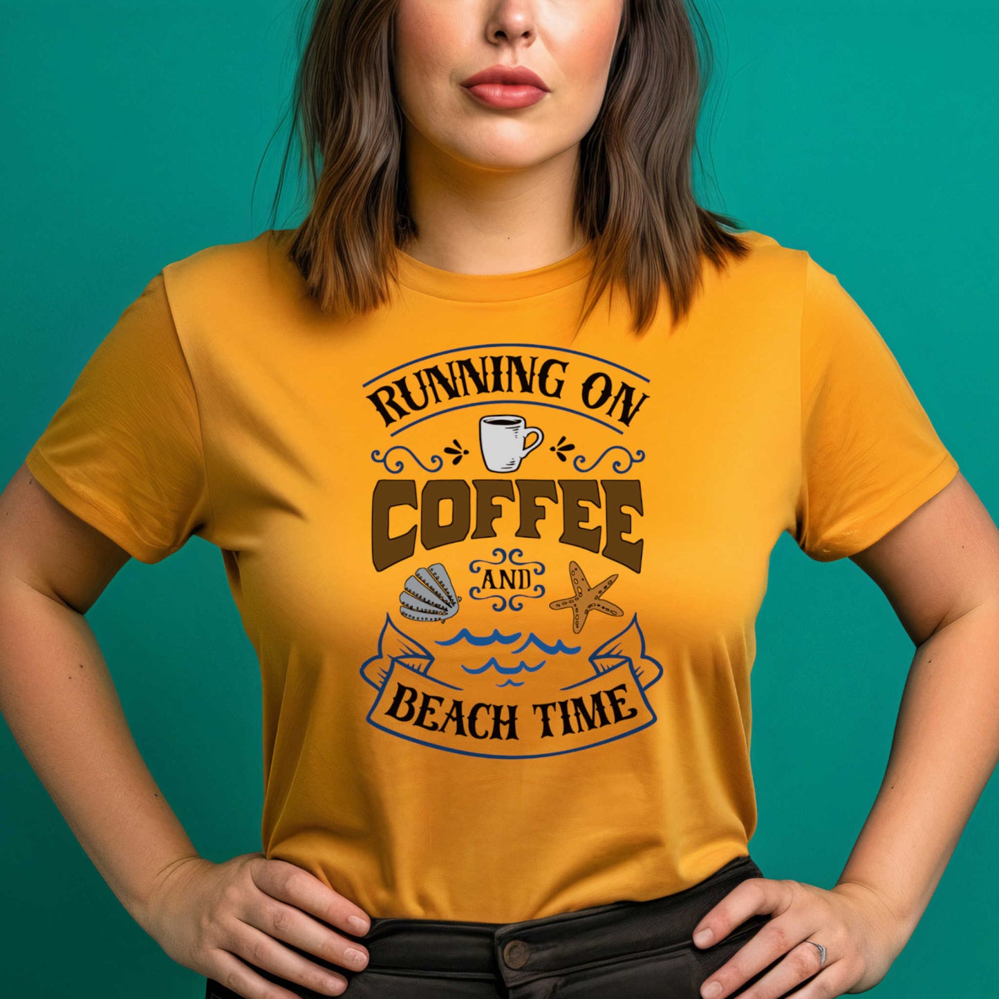 Summer Beach Vacation T-Shirt. Running on Coffee and Beach Time Outdoor Gift Tee. Vacation Gift Top.