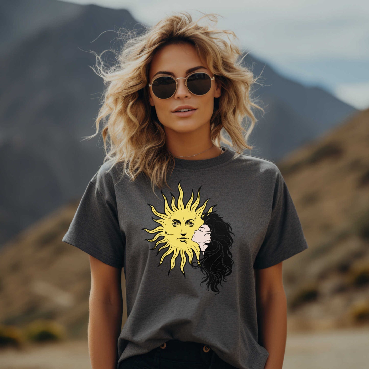 Girl and Sun Graphic Tee for Women, Trendy Casual Wear, Ideal Gift for Her on Any Occasion.