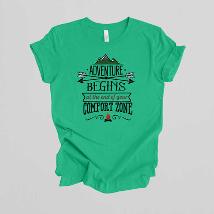 Adventures Camping T-shirt. Adventure Begins at the end of your Confort Zone.