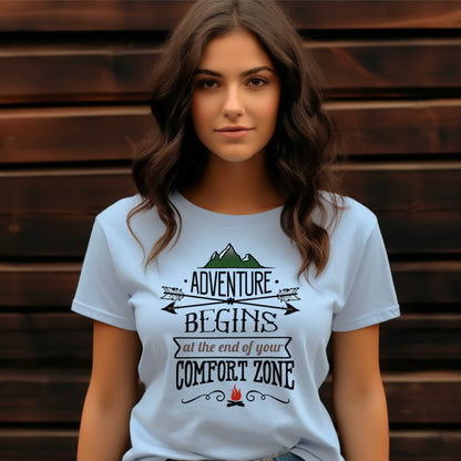 Adventures Camping T-shirt. Adventure Begins at the end of your Confort Zone.