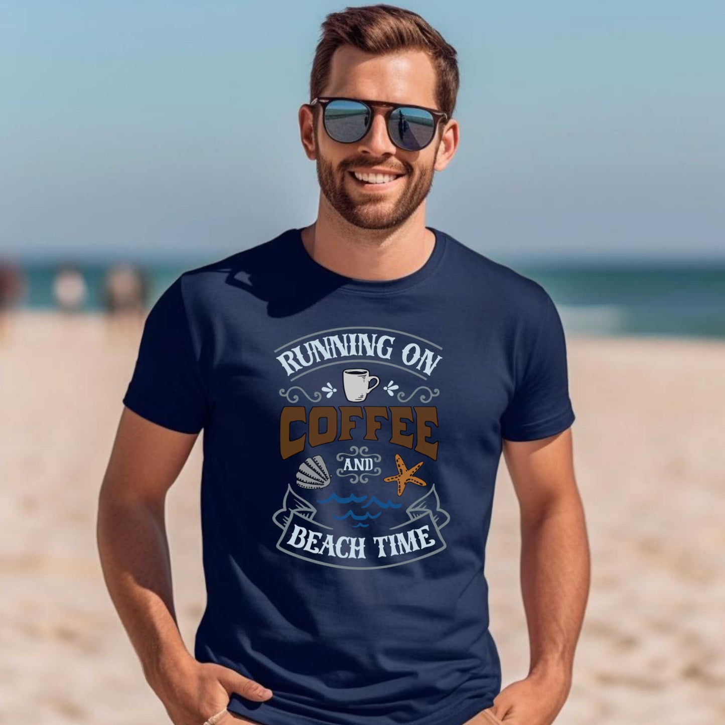 Summer Beach Vacation T-Shirt. Running on Coffee and Beach Time Outdoor Gift Tee. Vacation Gift Top.