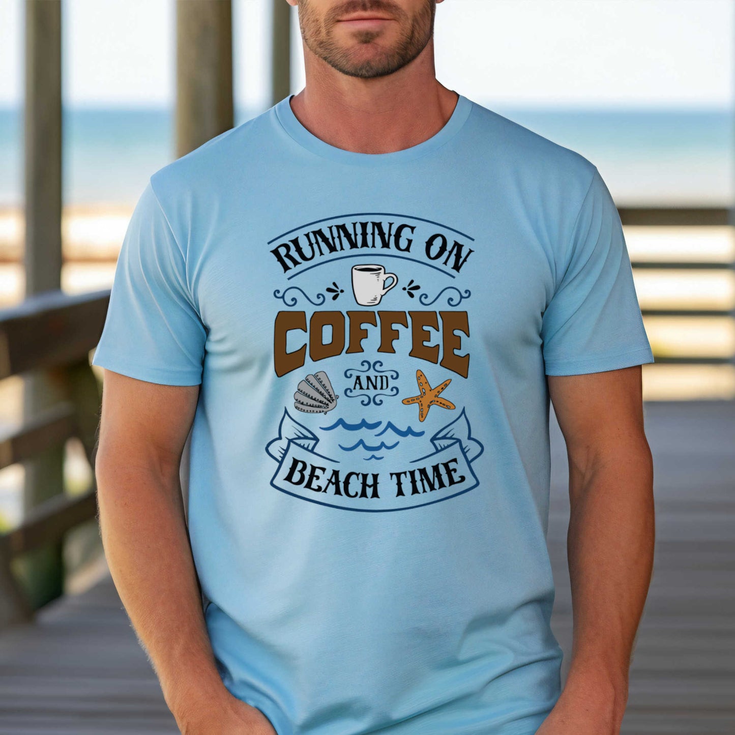 Summer Beach Vacation T-Shirt. Running on Coffee and Beach Time Outdoor Gift Tee. Vacation Gift Top.