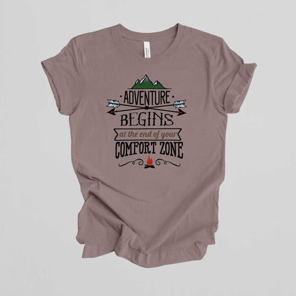 Adventures Camping T-shirt. Adventure Begins at the end of your Confort Zone.