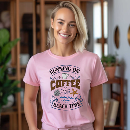 Summer Beach Vacation T-Shirt. Running on Coffee and Beach Time Outdoor Gift Tee. Vacation Gift Top.