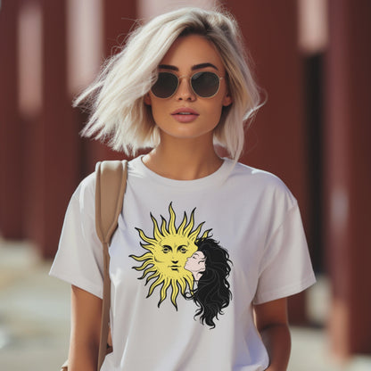 Girl and Sun Graphic Tee for Women, Trendy Casual Wear, Ideal Gift for Her on Any Occasion.