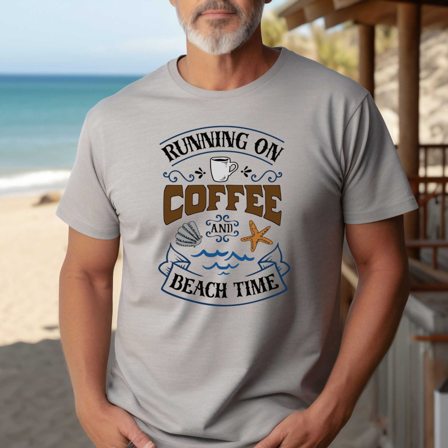 Summer Beach Vacation T-Shirt. Running on Coffee and Beach Time Outdoor Gift Tee. Vacation Gift Top.