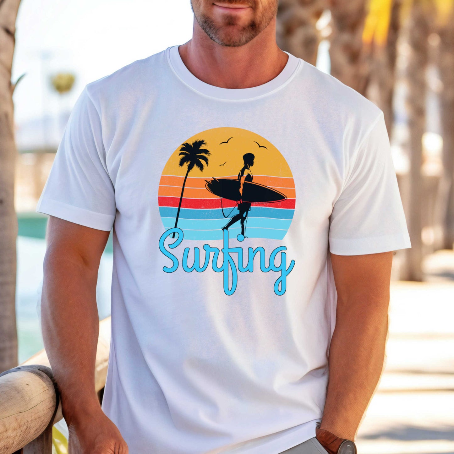 Surfing T-Shirt for Men, Cool Beach Summer Vacation Tee.