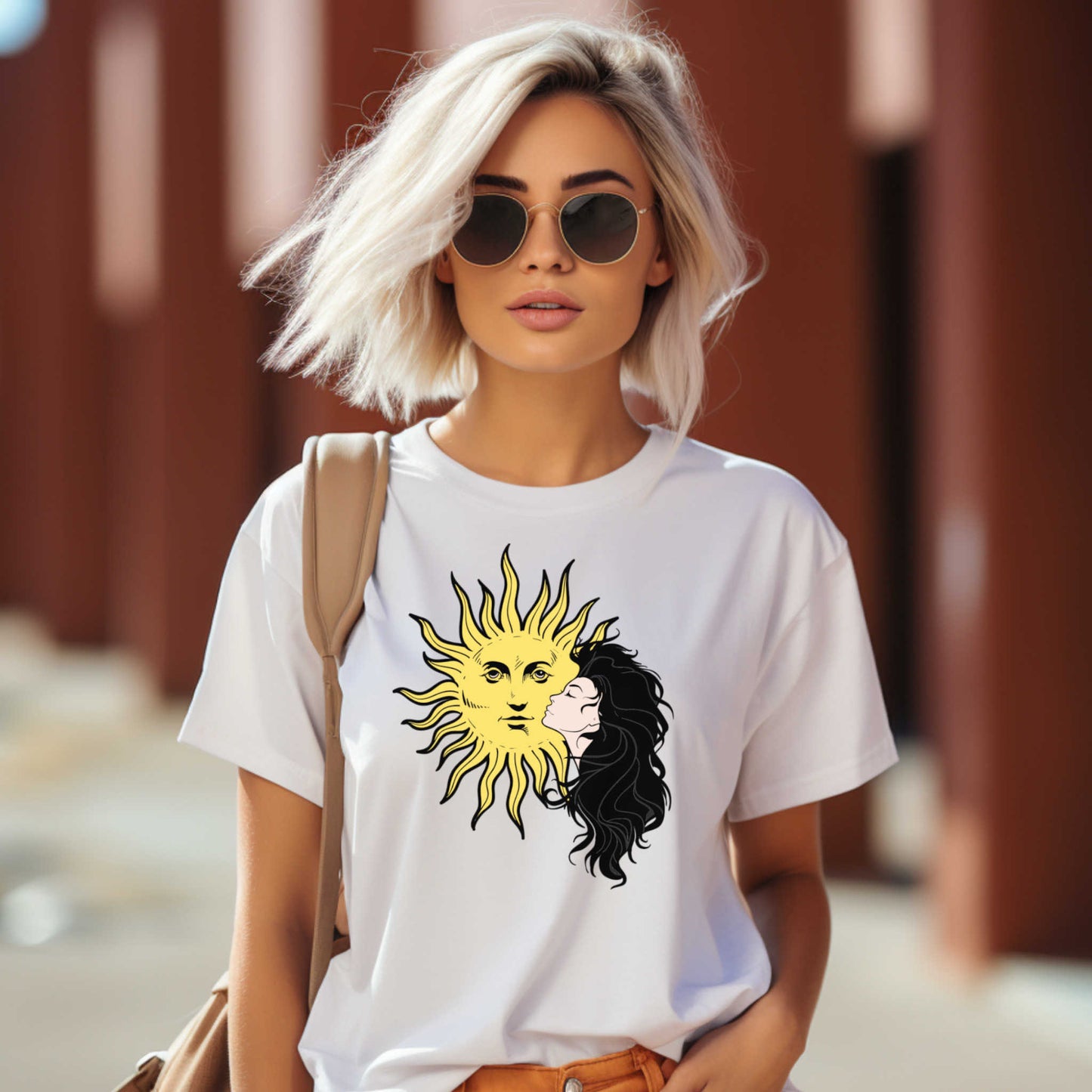 Girl and Sun Graphic Tee for Women, Trendy Casual Wear, Ideal Gift for Her on Any Occasion.