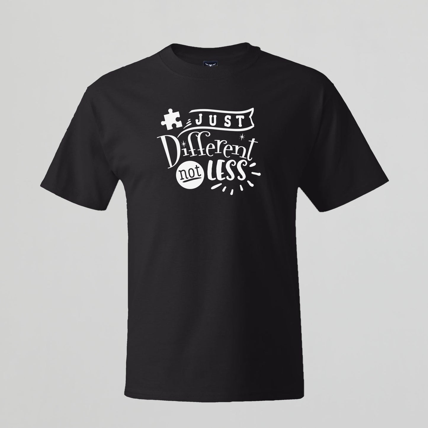 T-shirt with Autism related Phrase. " Just Different Not Less " design.