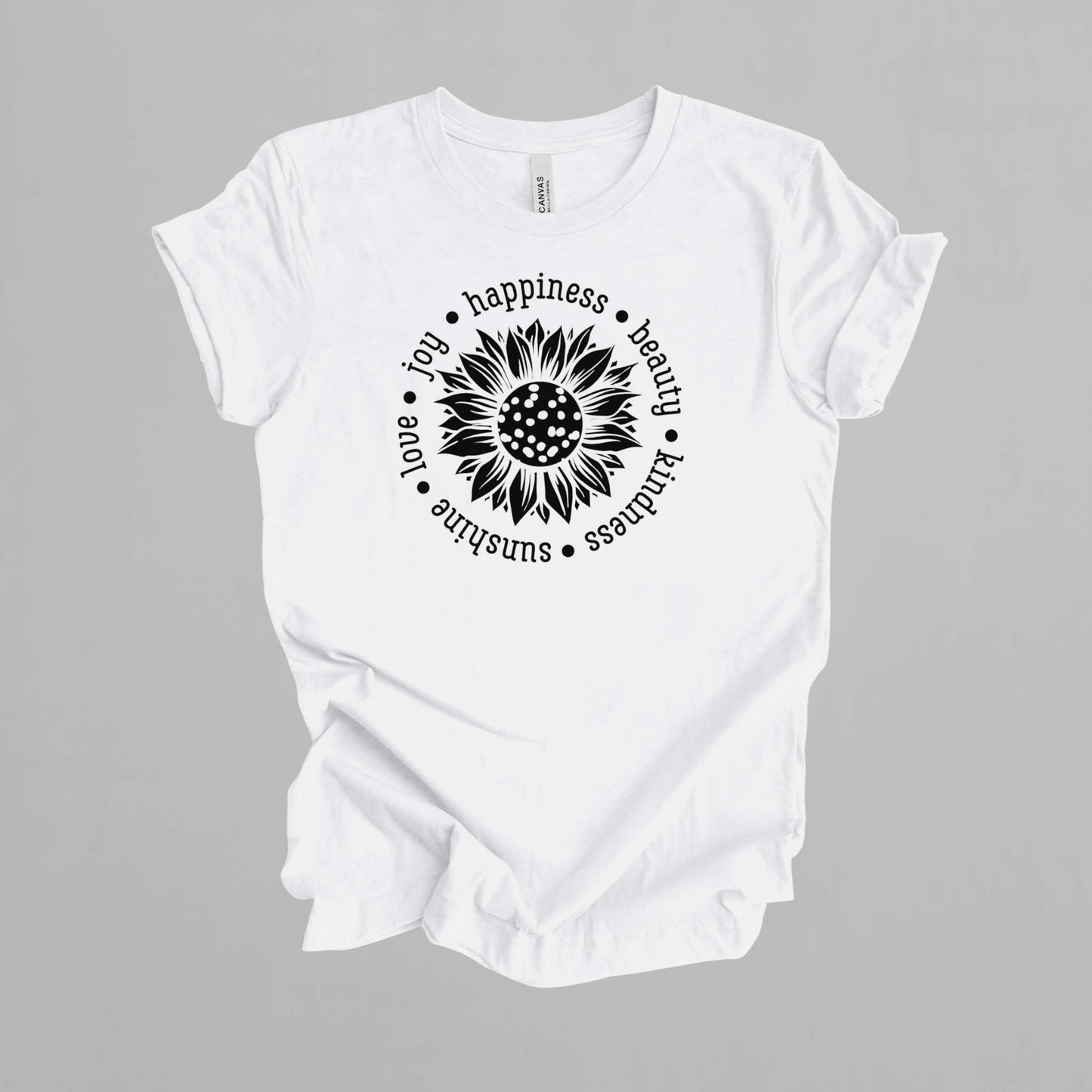 T-shirt with Sunflower. Happiness Beauty Kindness Sunshine Love Joy.