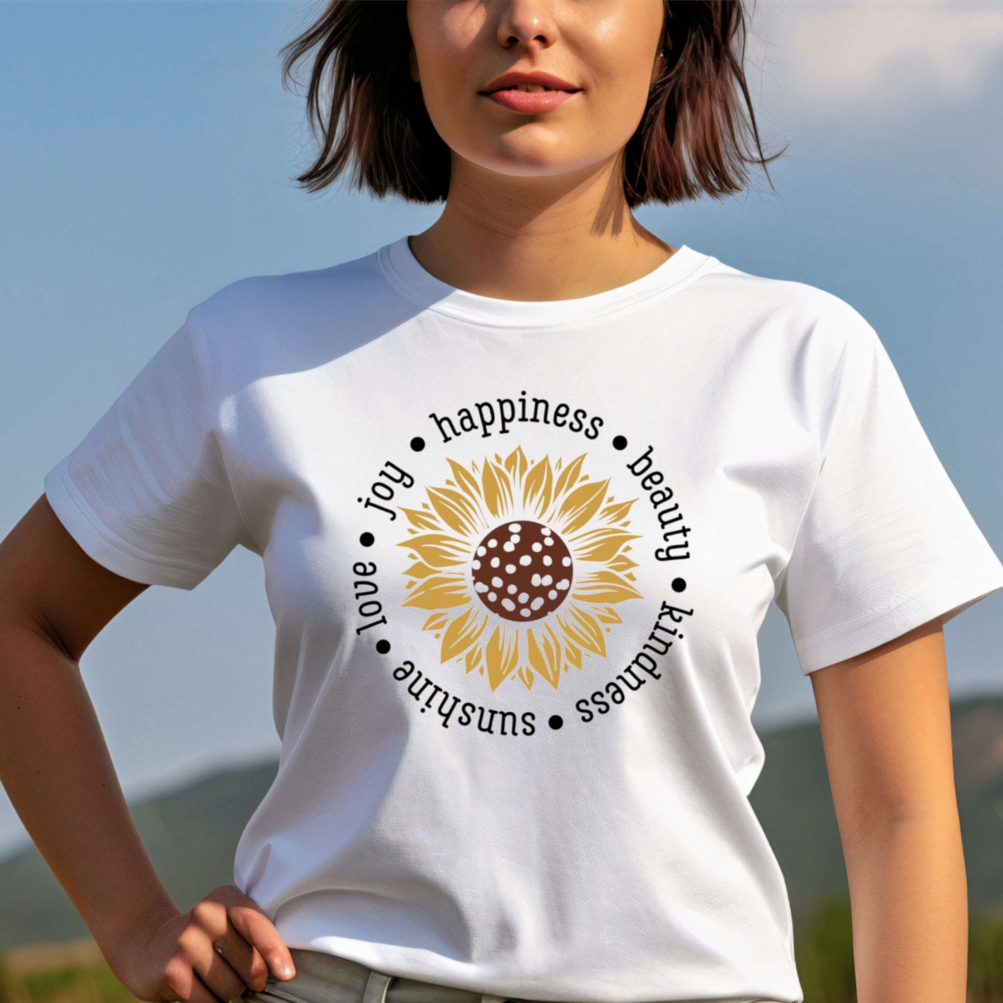 T-shirt with Sunflower. Happiness Beauty Kindness Sunshine Love Joy.