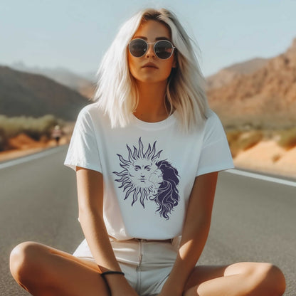 Girl and Sun Graphic Tee for Women, Trendy Casual Wear, Ideal Gift for Her on Any Occasion.